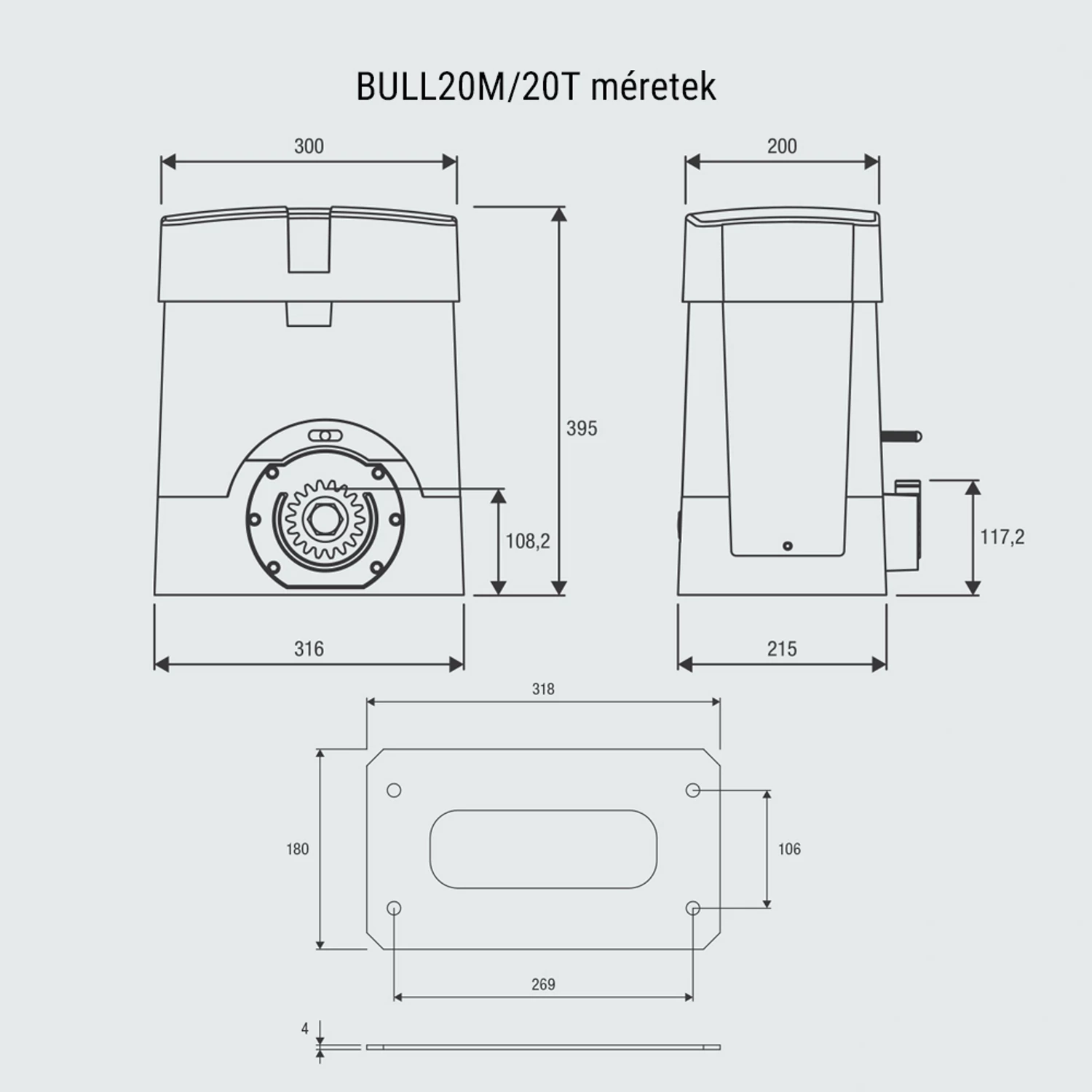 Beninca BULL 20 HE elektromos kapunyitómotor - méretek kaputechnikaszakuzlet.hu