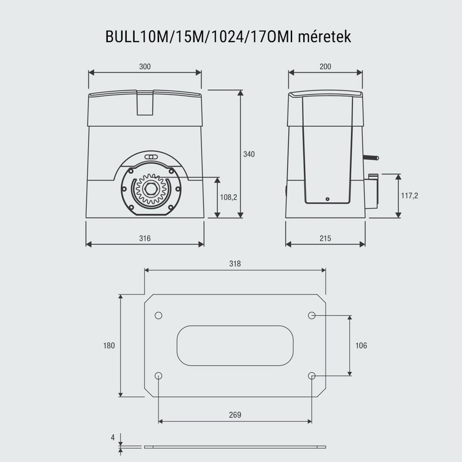 Benincsa KIT-BULL 10M kapunyitó motor méretek – kaputechnikaszakuzlet.hu